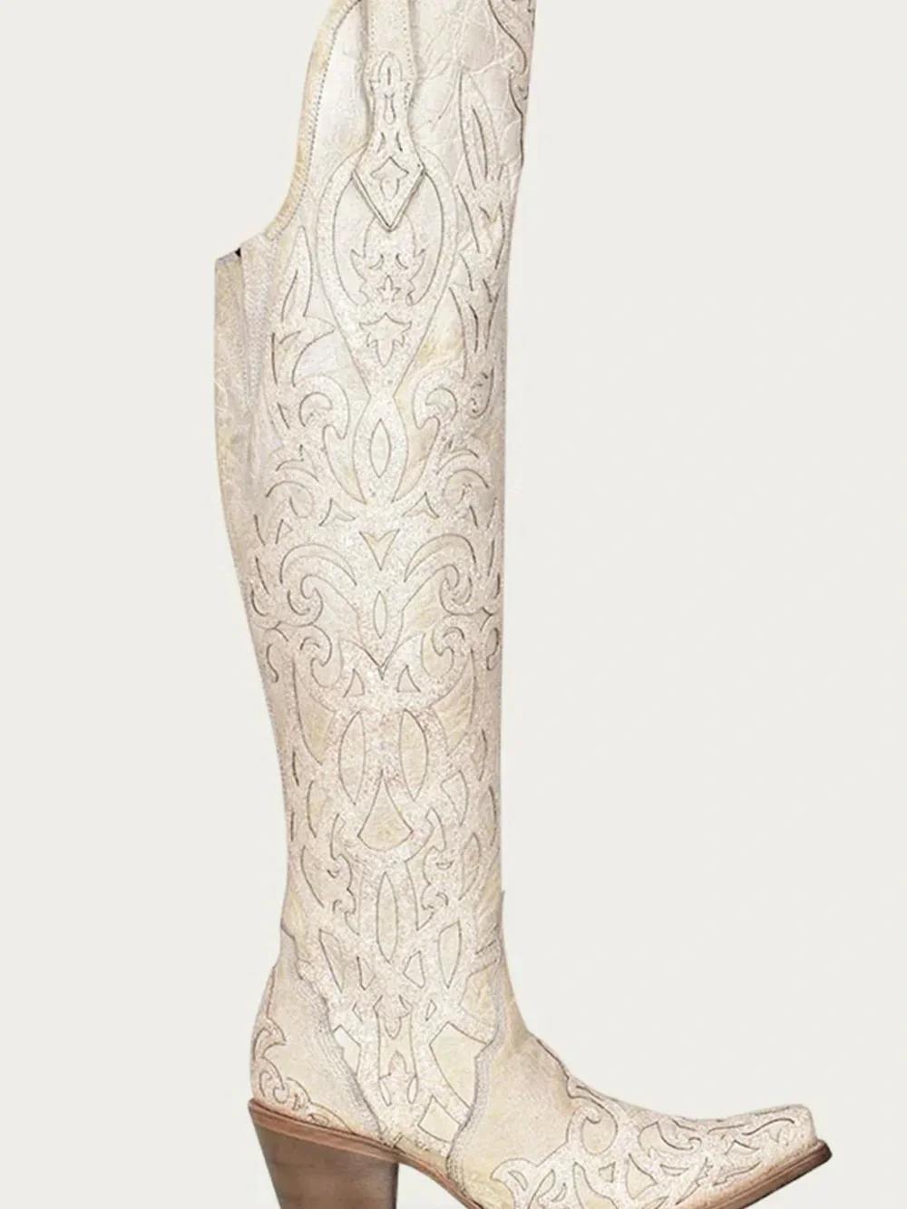 Women’s Beige Glitter Overlay and Embroidery Tall top Snip Toe Cowboy Boots